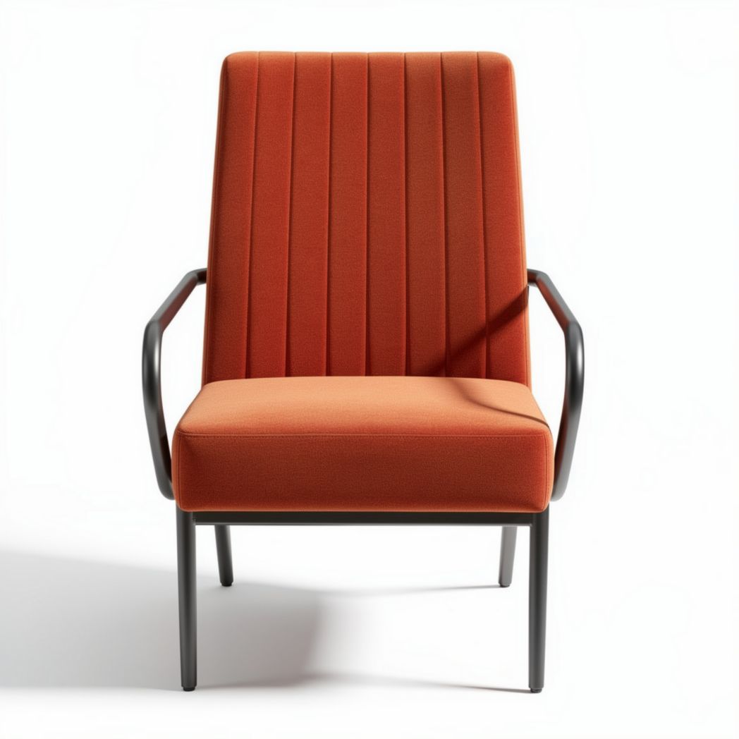 Fauteuil moderne en tissu orange avec accoudoirs en métal noir dimensions 70 x 70 x 90 cm