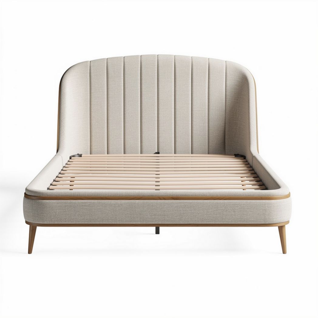 Lit en tissu beige avec cadre en bois 200 x 160 x 100 cm