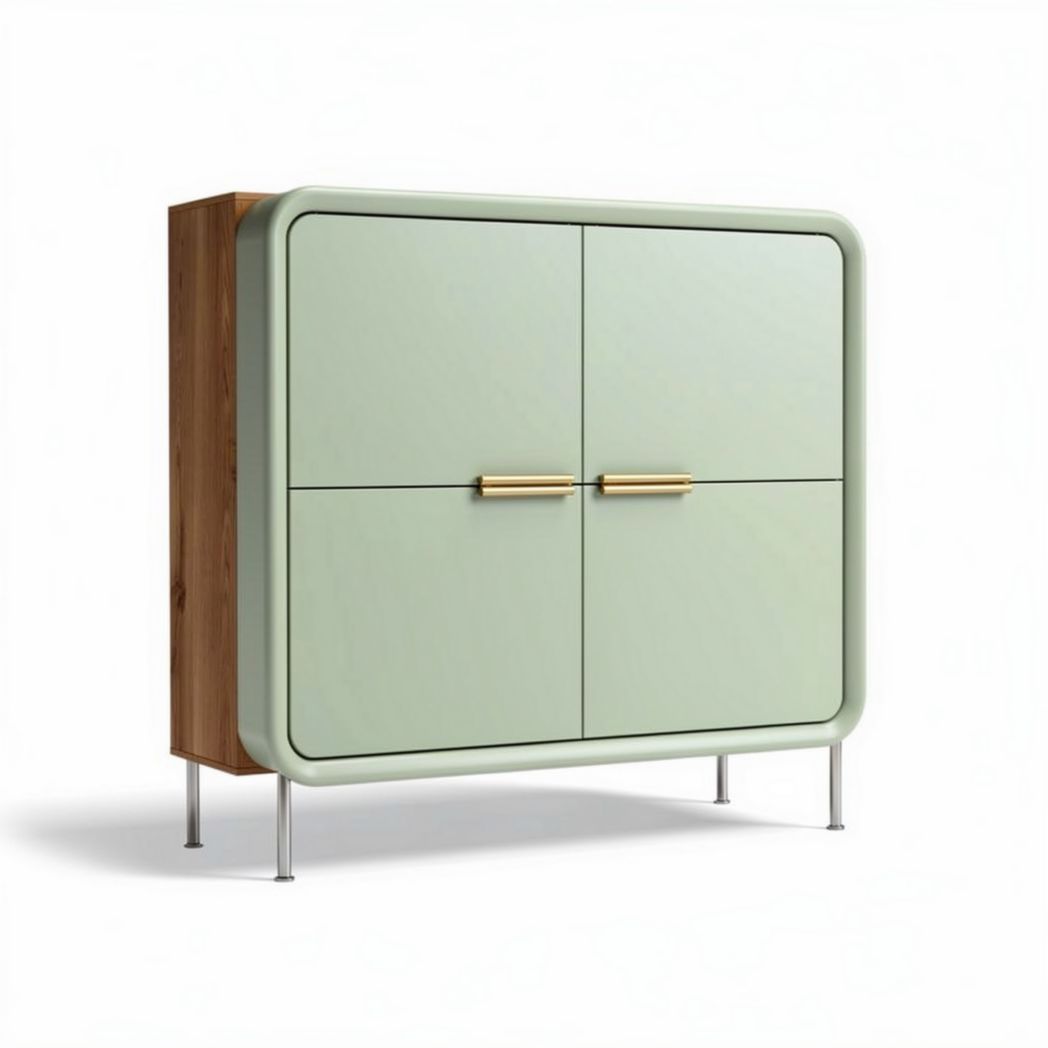 Buffet en bois et verre vert avec quatre portes et poignées dorées 90 x 45 x 85cm