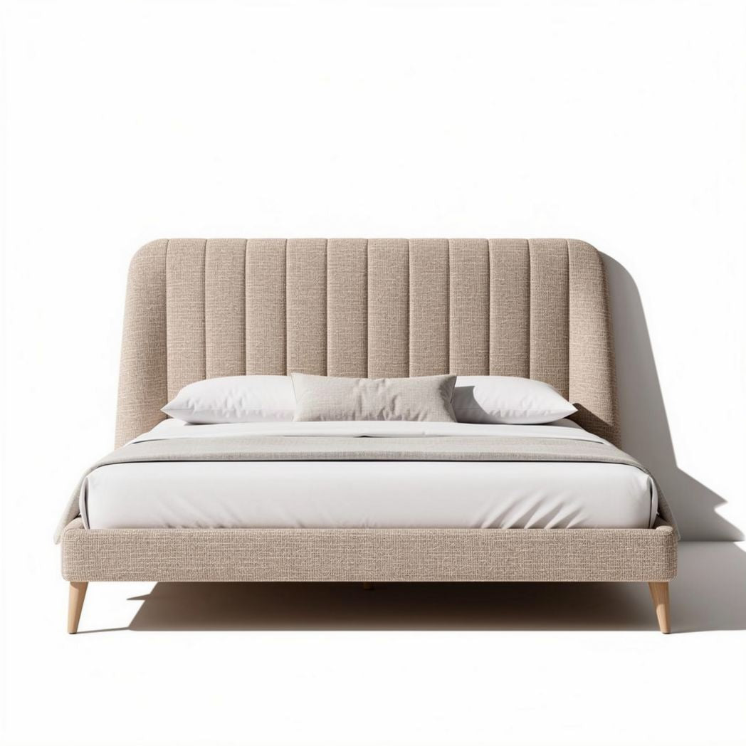 Lit en tissu beige avec tête de lit rembourrée 210 x 160 x 100cm