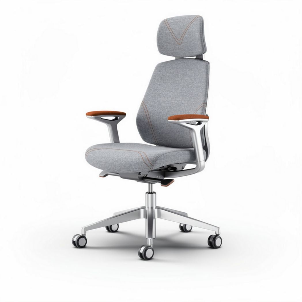 Chaise de bureau ergonomique en tissu gris avec accoudoirs en bois et roulettes 45 x 60 x 100cm