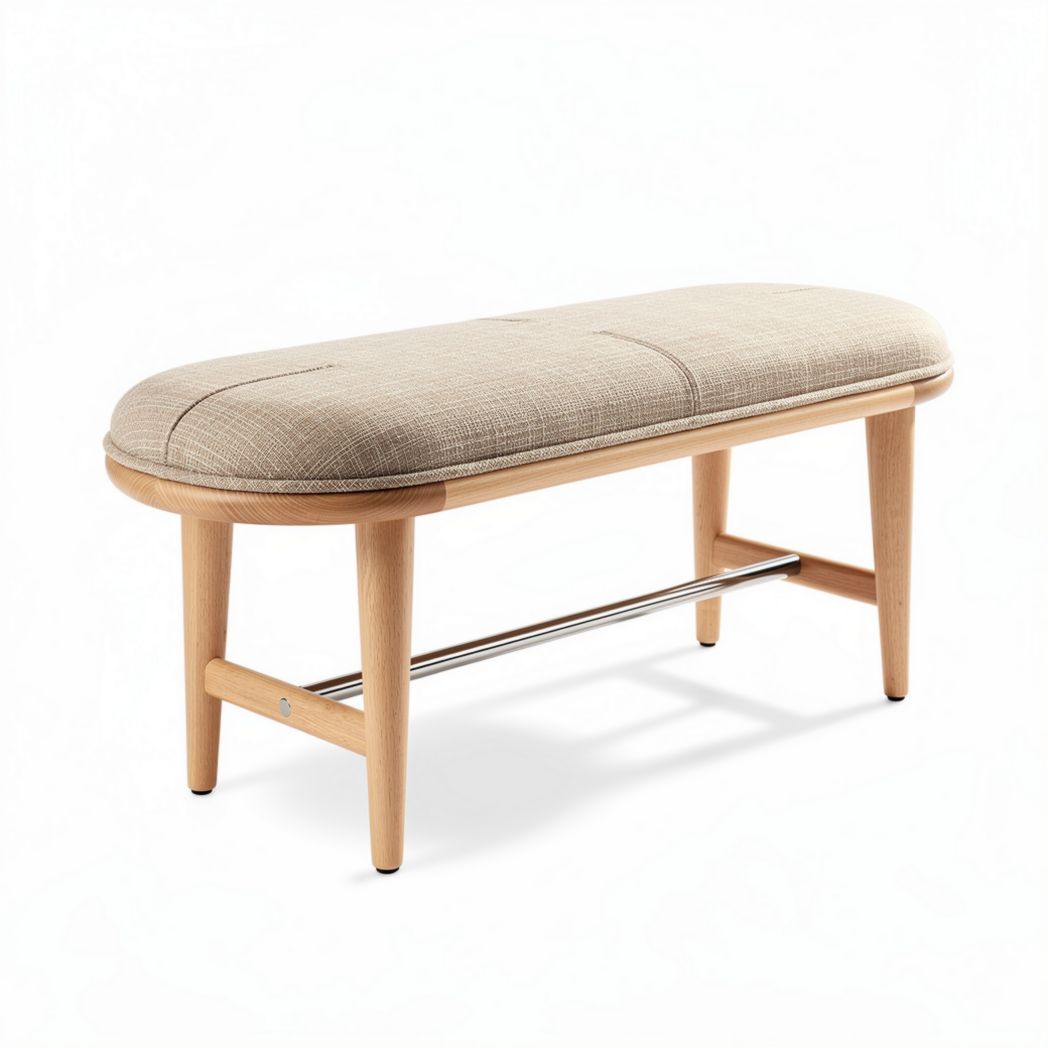 Banc en bois clair avec assise en tissu beige 100 x 40 x 45 cm