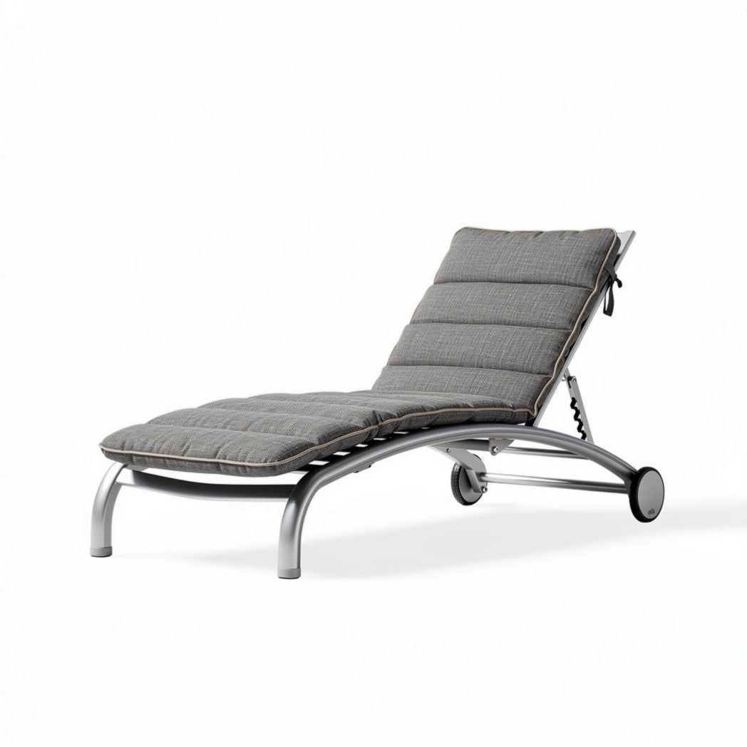 Chaise longue réglable en aluminium gris avec coussin rembourré et roulettes