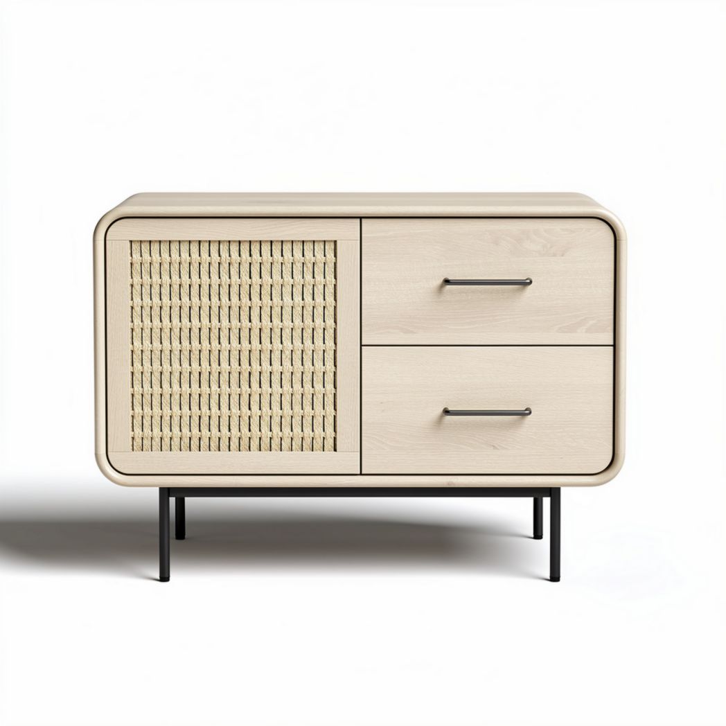 Meuble de rangement en bois clair avec tiroirs et porte en rotin 80 x 40 x 60cm