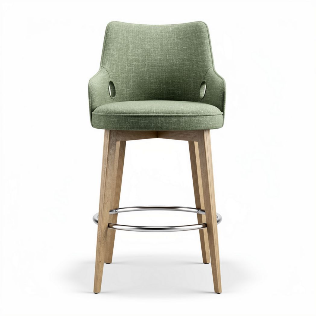 Chaise de bar en bois clair avec revêtement en tissu vert et dimensions 45 x 50 x 100cm
