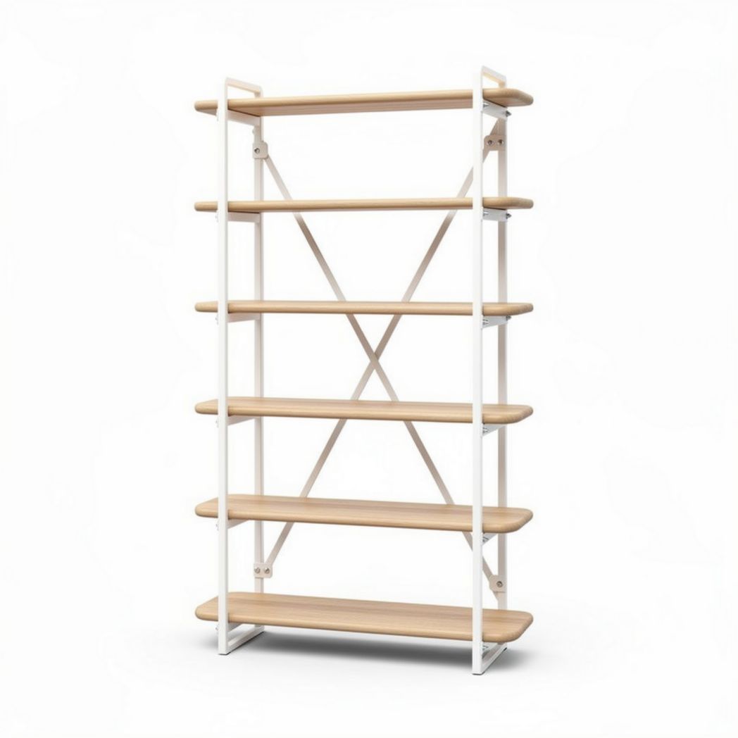 Étagère en bois naturel et métal blanc pour rangement intérieur 80 x 30 x 180cm