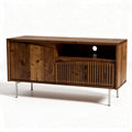 Meuble TV en bois massif finition naturelle 150 x 40 x 60 cm avec rangement ouvert et fermé