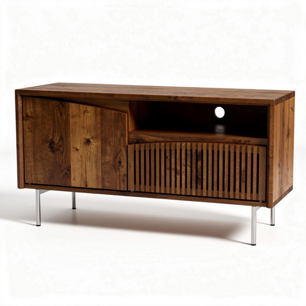 Meuble TV en bois massif finition naturelle 150 x 40 x 60 cm avec rangement ouvert et fermé