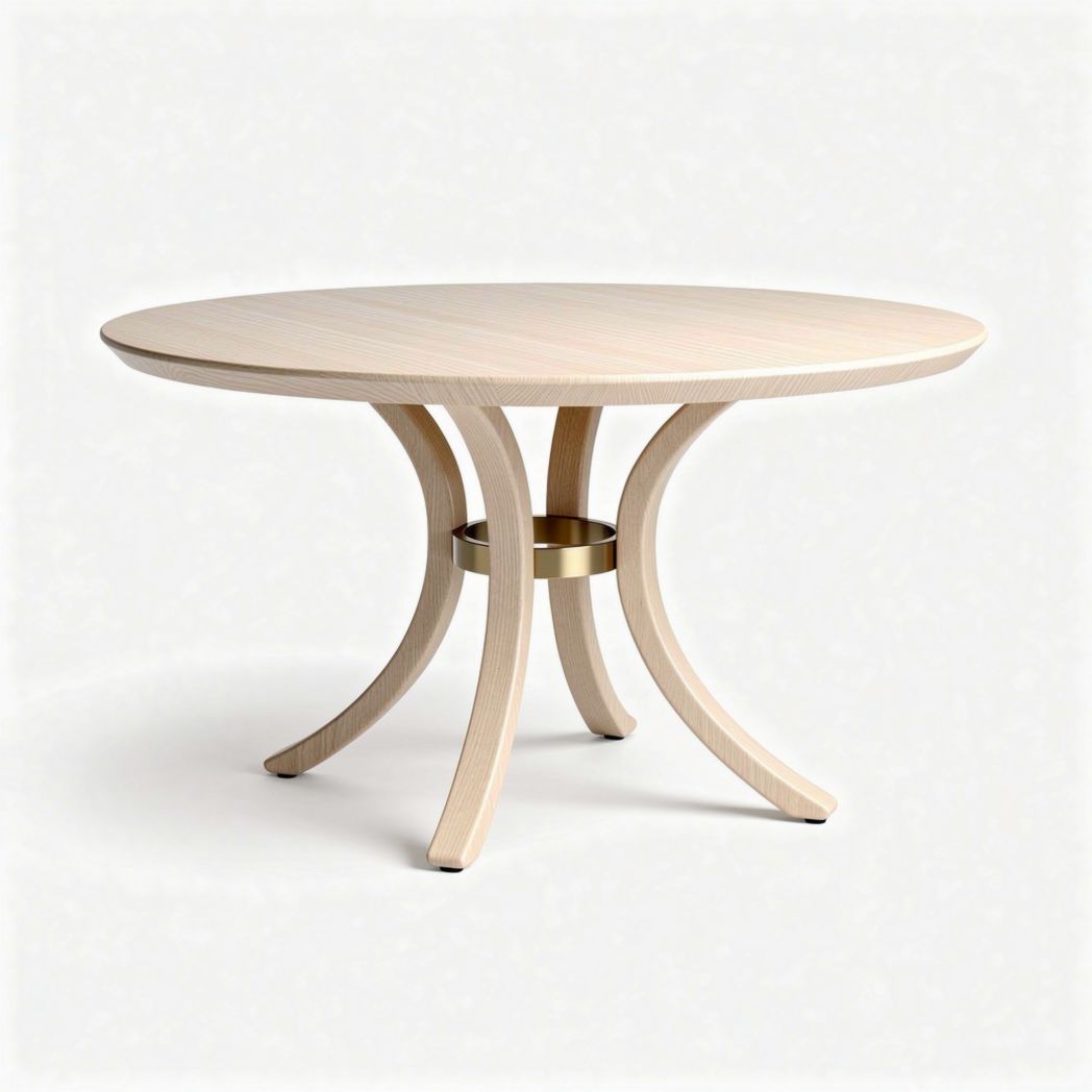 Table ronde en bois clair avec base en métal doré 120 x 120 x 75cm