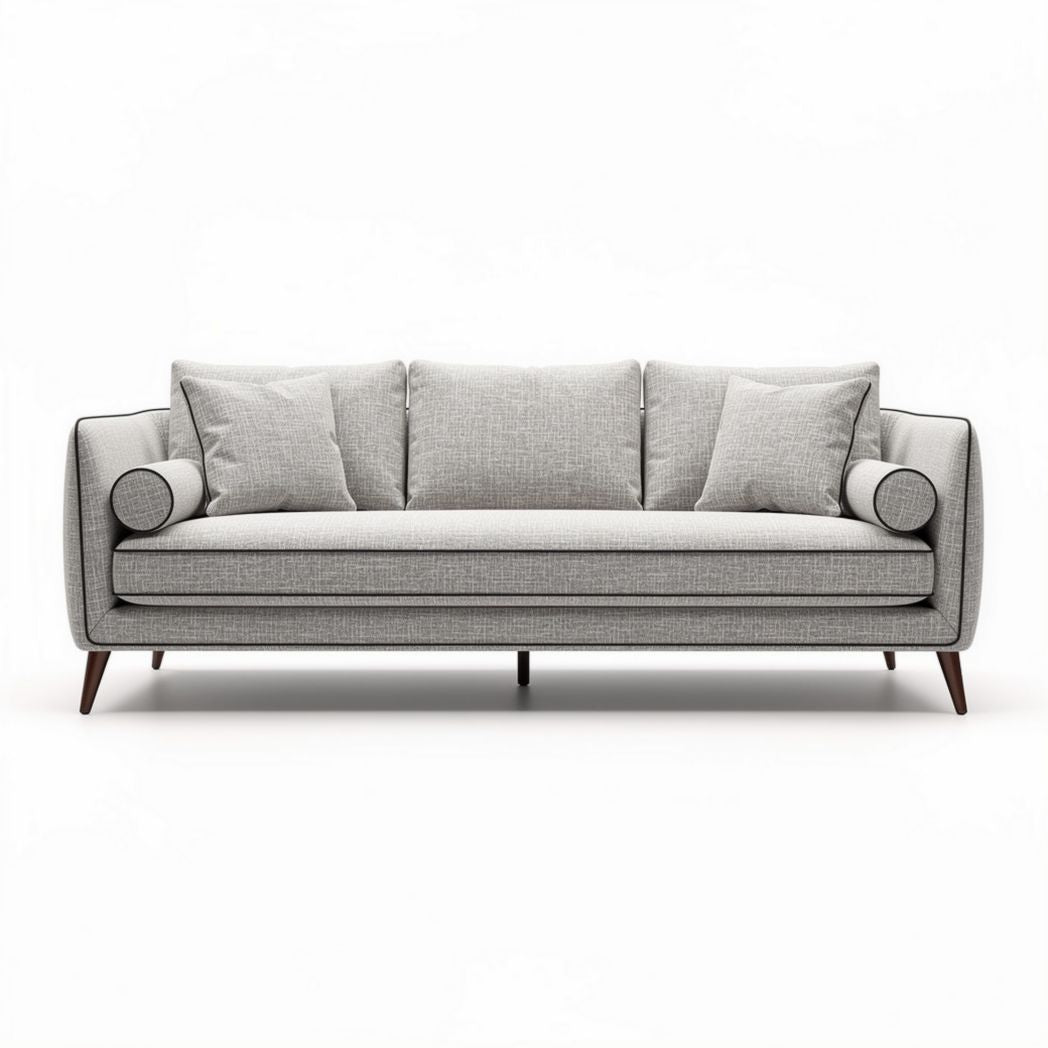 Canapé en tissu gris clair avec coussins passepoilés 210 x 90 x 85cm